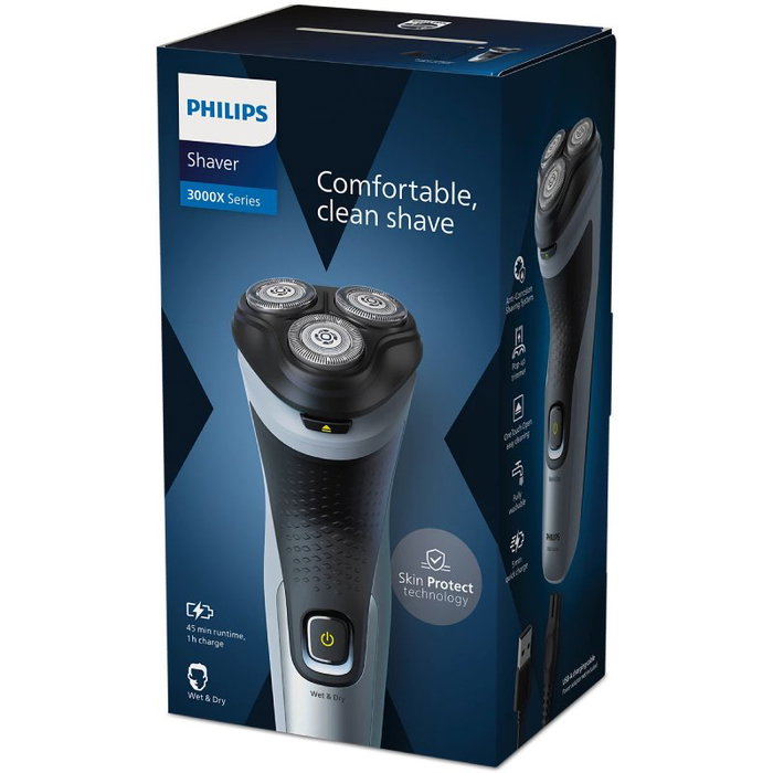 Philips Shaver Series 3000X X3063 Azul Celestial, Afeitadora Eléctrica Wet&Dry con 2 Accesorios